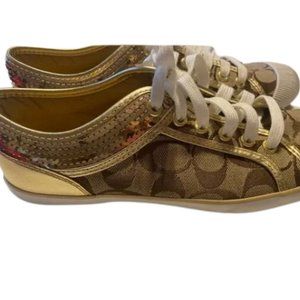 Women's‎ Coach Zorra Gold Glitter Sequin Sneakers Leather Size 8. Pre-loved.
